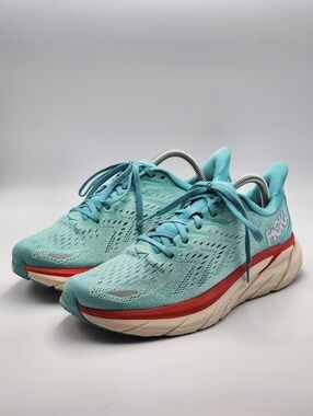HOKA Clifton 8 Teal and Red Excellent Condition Womens Size 9.5B
